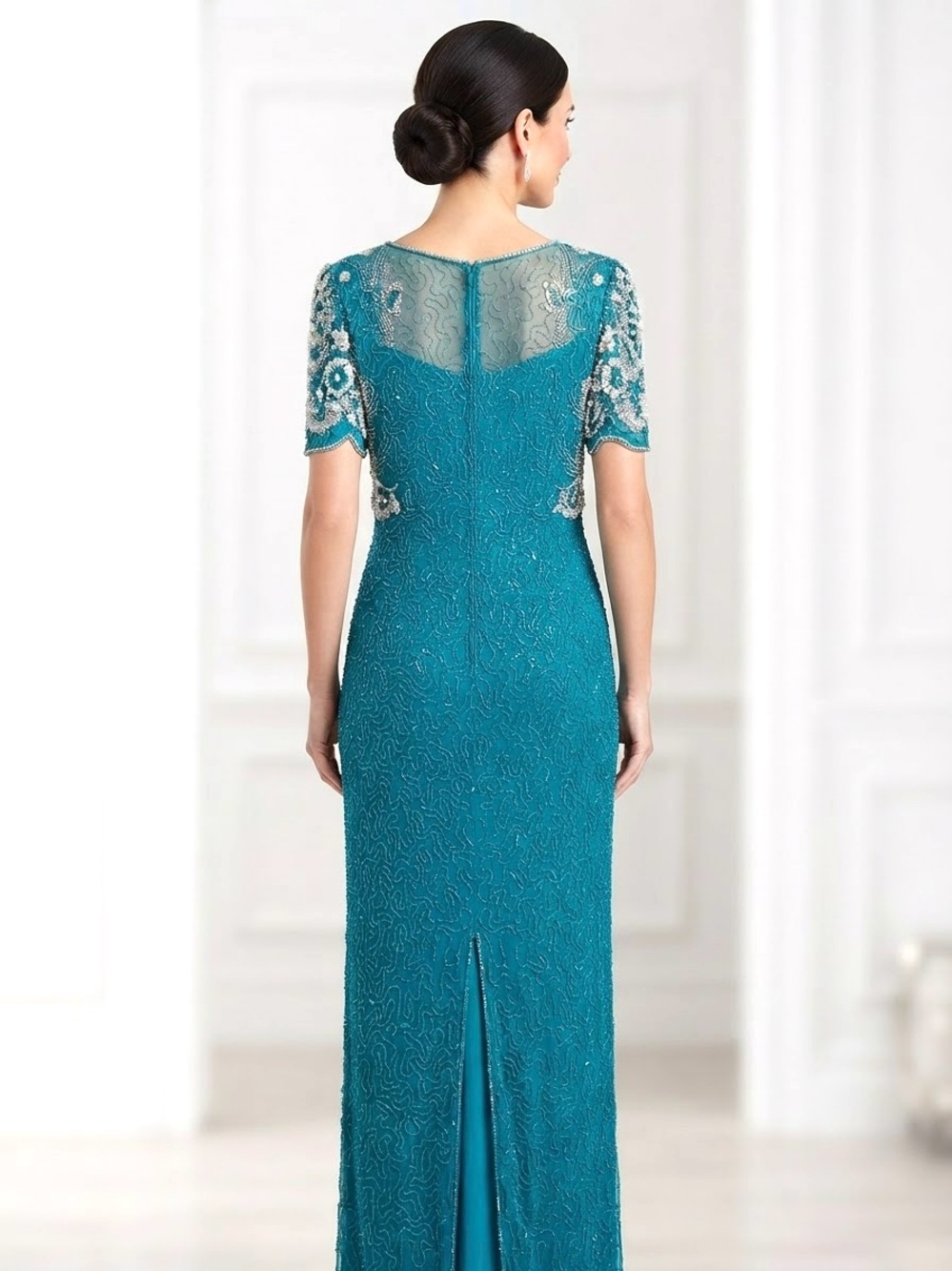 Embellished Teal Maxi Dress with Short Sleeves - Picture 3 of 7
